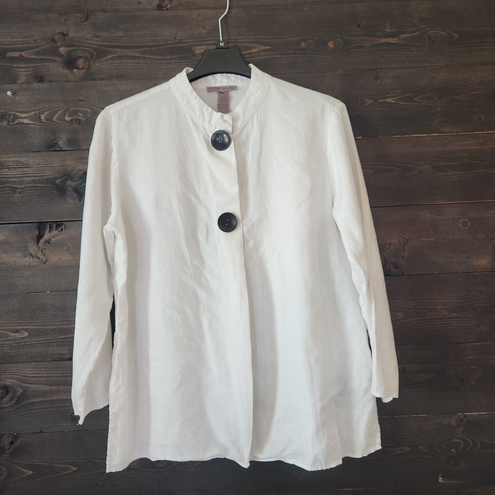 Sharon Young Top Womens Large 100% Linen Mixed Match Button Pull over Blouse‎